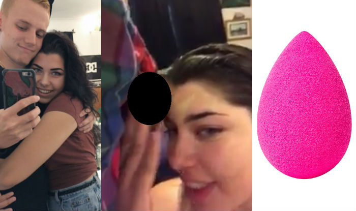 Girl uses boyfriend's balls to blend in her make up