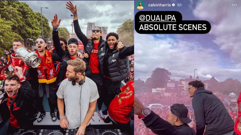 'Absolute scenes' as Calvin Harris hops on the roof of Liverpool's bus to DJ their FA Cup parade