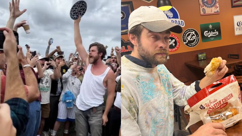 Bloke eats bachelor's handbag for 40th day in a row as massive crowd cheers him on
