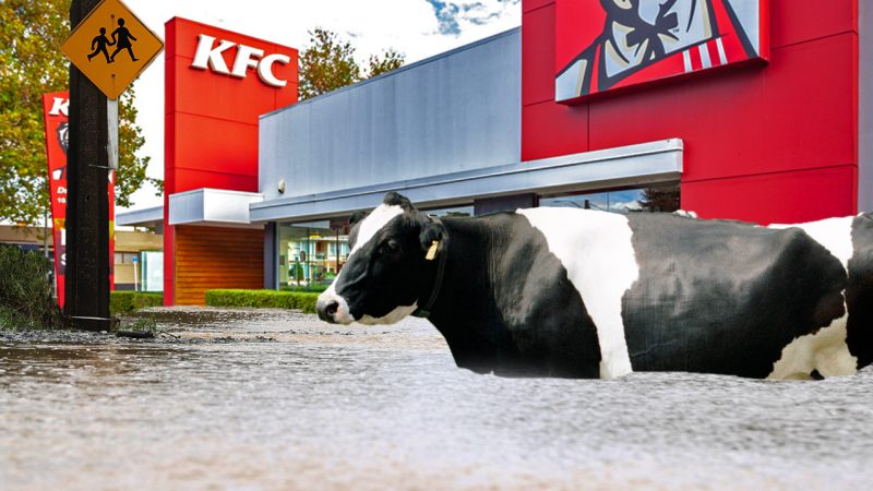 Cow in Te Puke was washed away by floodwater and chased for an hour before ending up at K-Fry