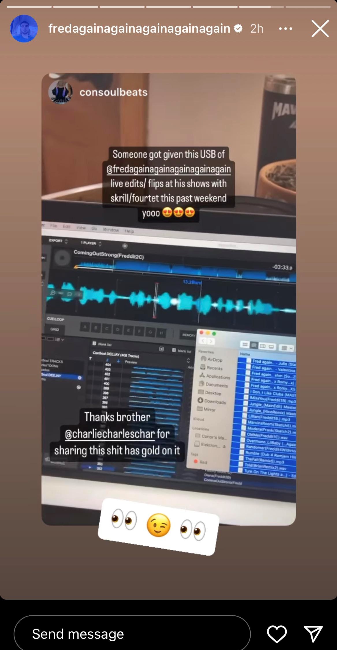 Fred Again's Instagram story confirming he knows about the USB
