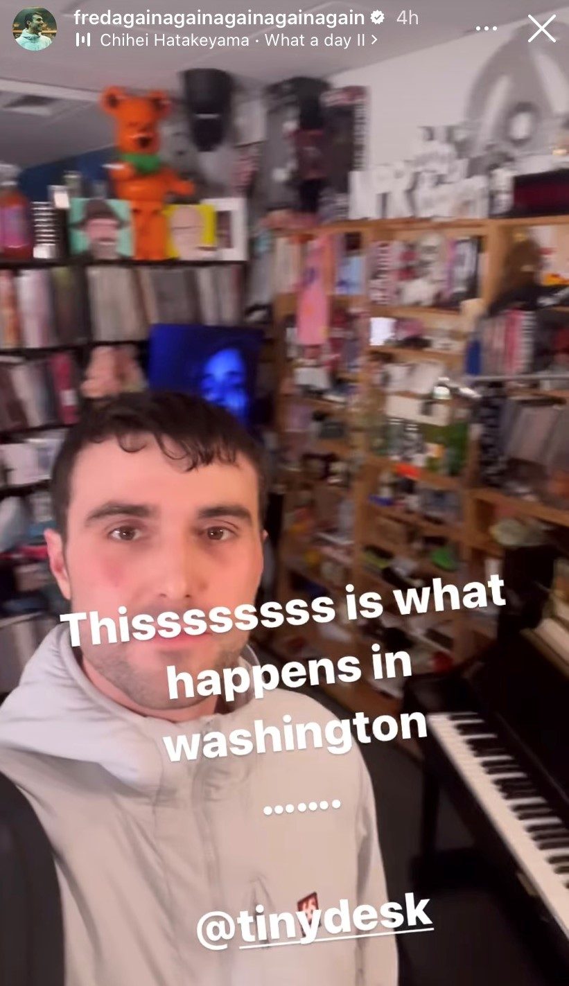Fred Again Instagram story of him at Tiny Desk set