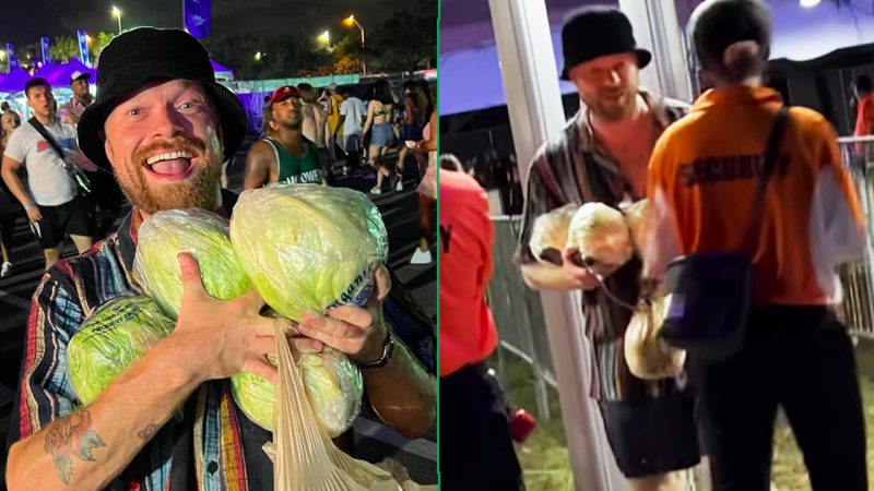Two lads with bags of lettuce may have uncovered the best way to get into a festival for free